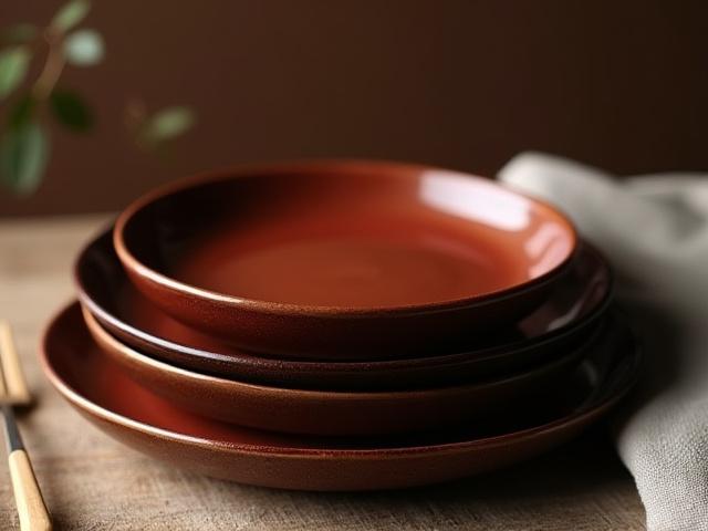 Set rustikaler Keramik-Essteller in dunklen Tönen