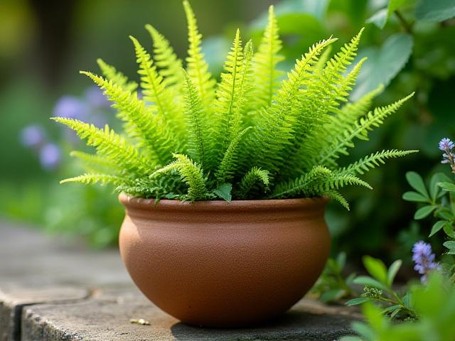 Ein wunderschöner, handgefertigter Keramikpflanzer, gefüllt mit üppigen grünen Pflanzen, platziert in einem sonnigen Garten.