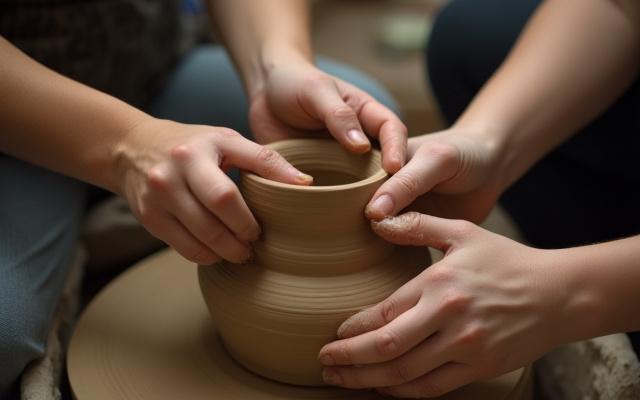 Hände formen Ton auf einer Töpferscheibe während eines Workshops.